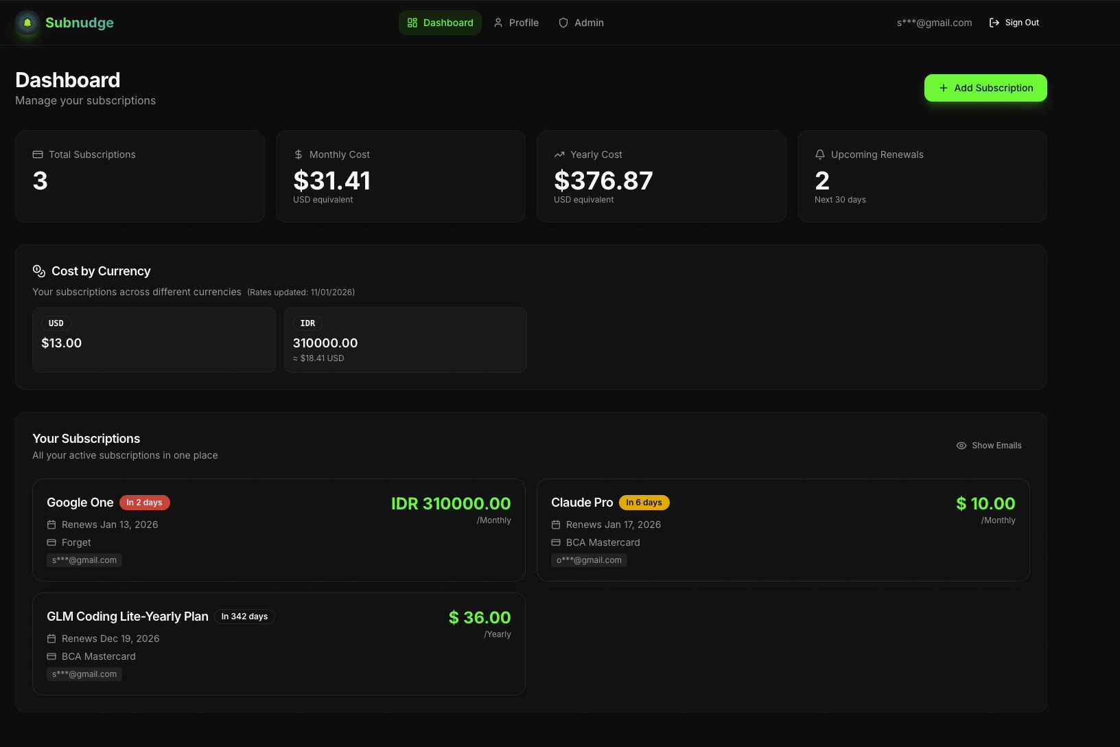 Subnudge - Subscription Tracker with Telegram Reminders screenshot 1
