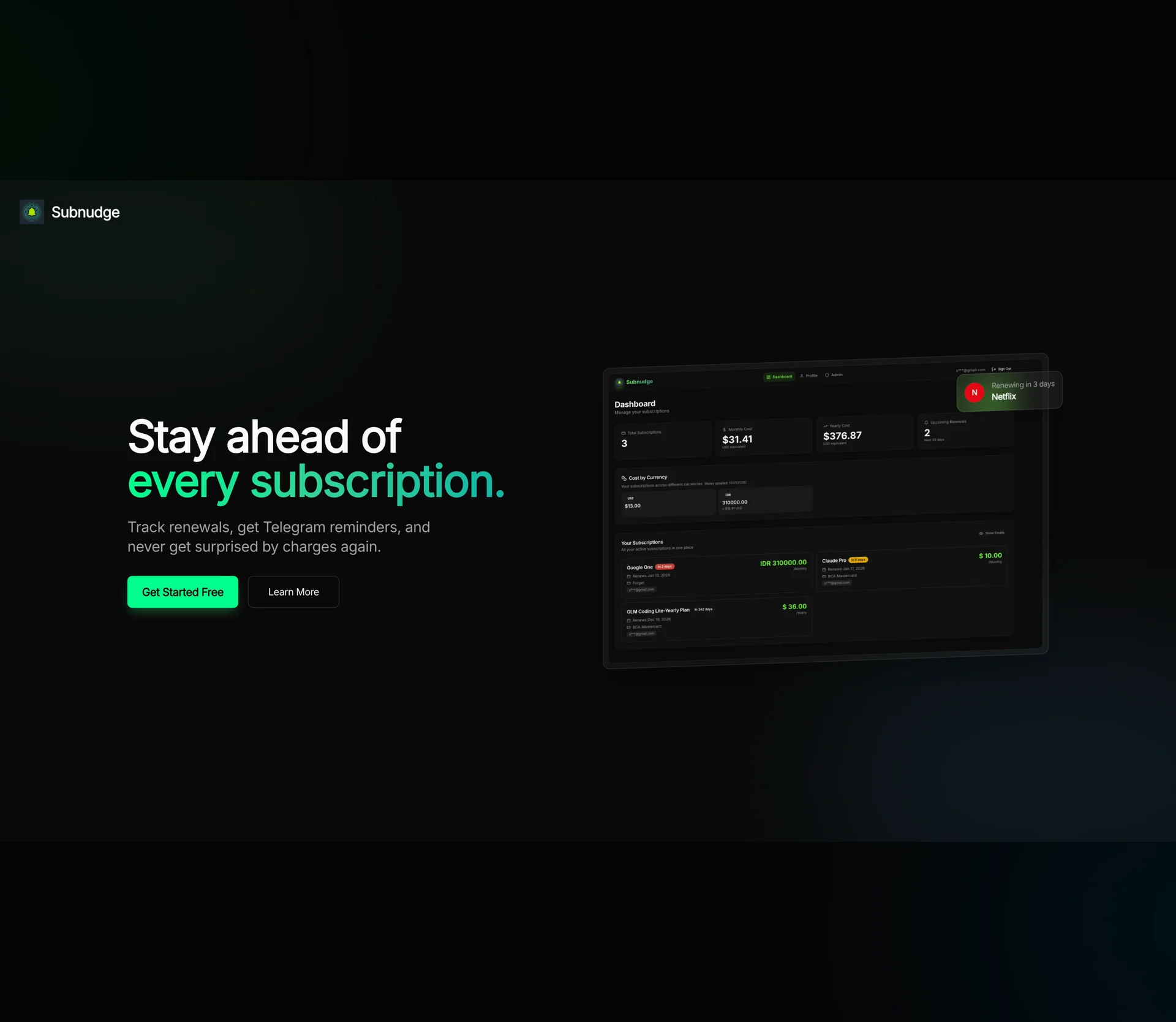 Subnudge - Subscription Tracker with Telegram Reminders preview